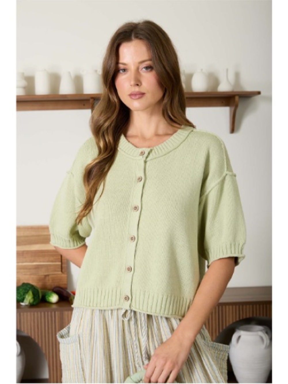 Blu Pepper Short Sleeve Button Front Cardigan in LIGHT OLIVE - medium
